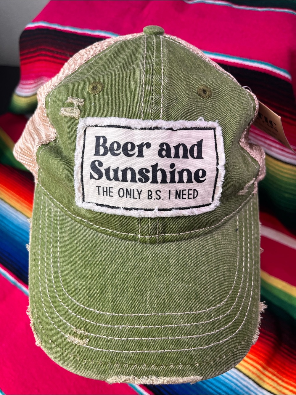 Beer and Sunshine Olive Green , distressed Trucker Hat